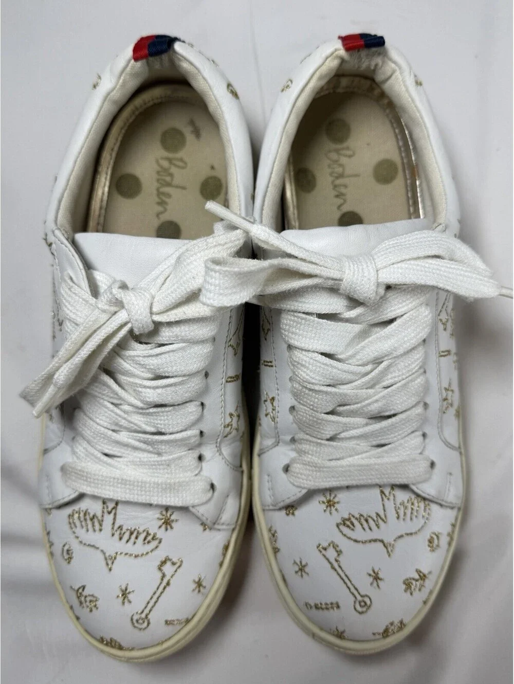 Boden White Leather Sneakers with Gold Embroidered Doodle Motif 38